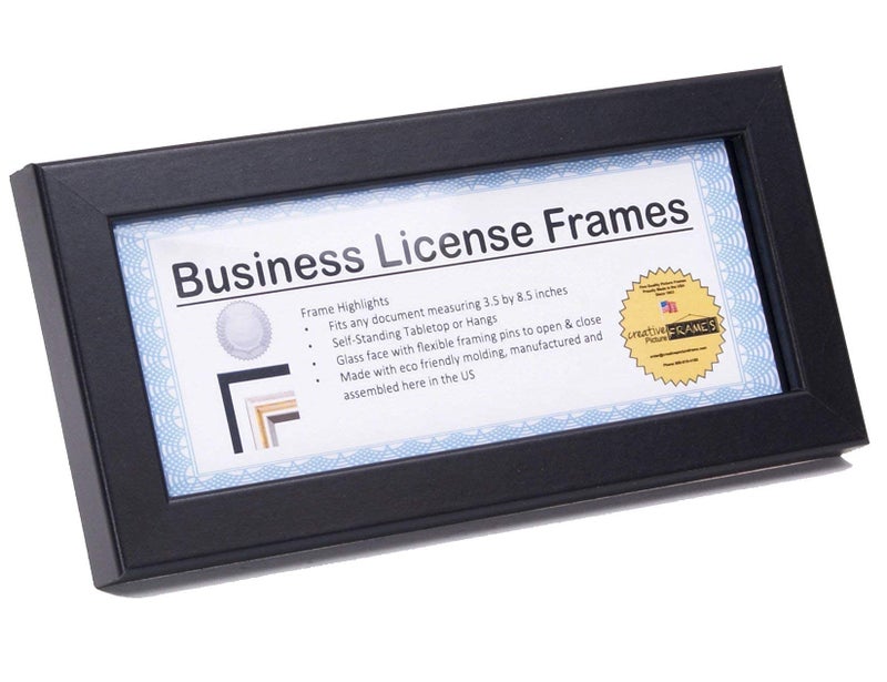Creative Picture Frames [3.5x8.5bk] Professional Black Business License Certificate Frame, Holds 3.5 by 8.5 inch Media, Self-Standing with Wall Hanger - Image 1